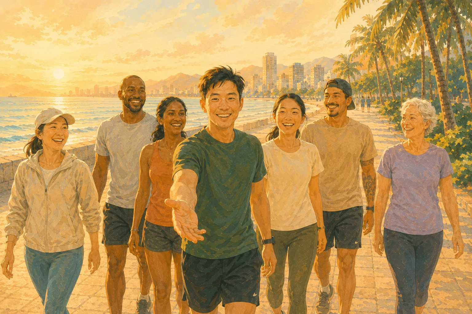 Group of walkers approaching camera, smiling, sunrise behind