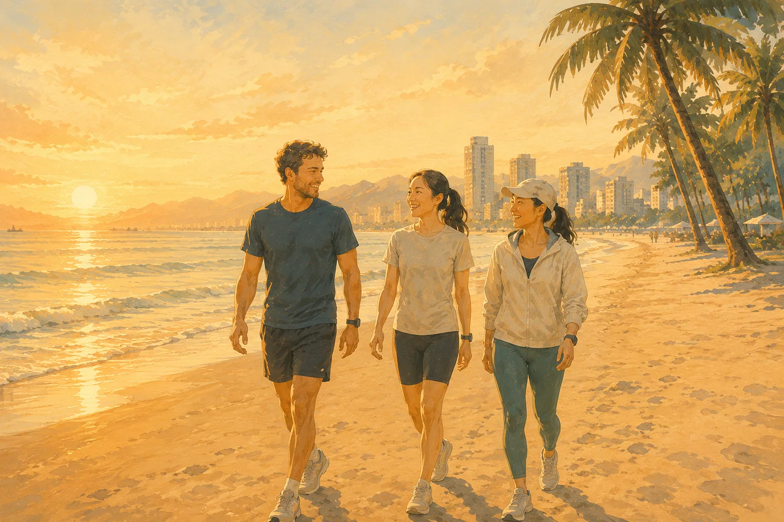 Founding moment — early walkers on the beach, sunrise