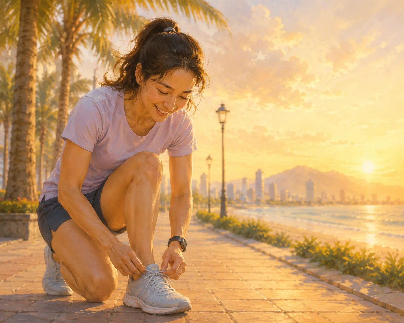 Member tying shoes at dawn before walk