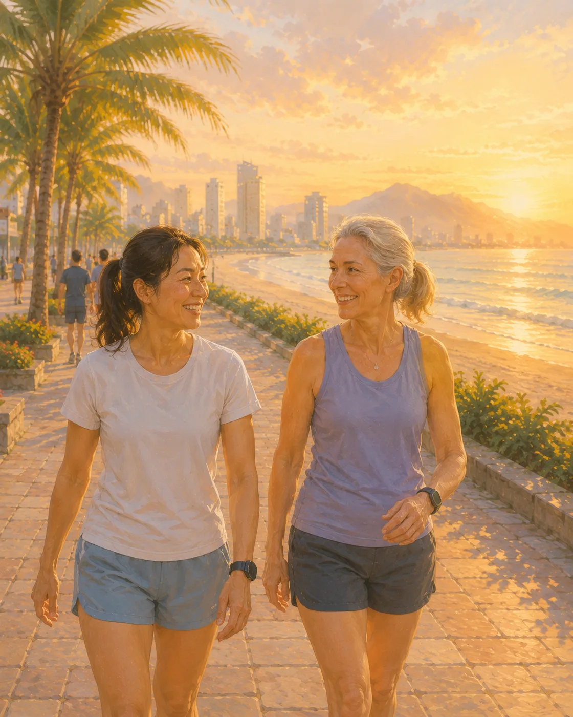 Smiling walkers chatting on the beach