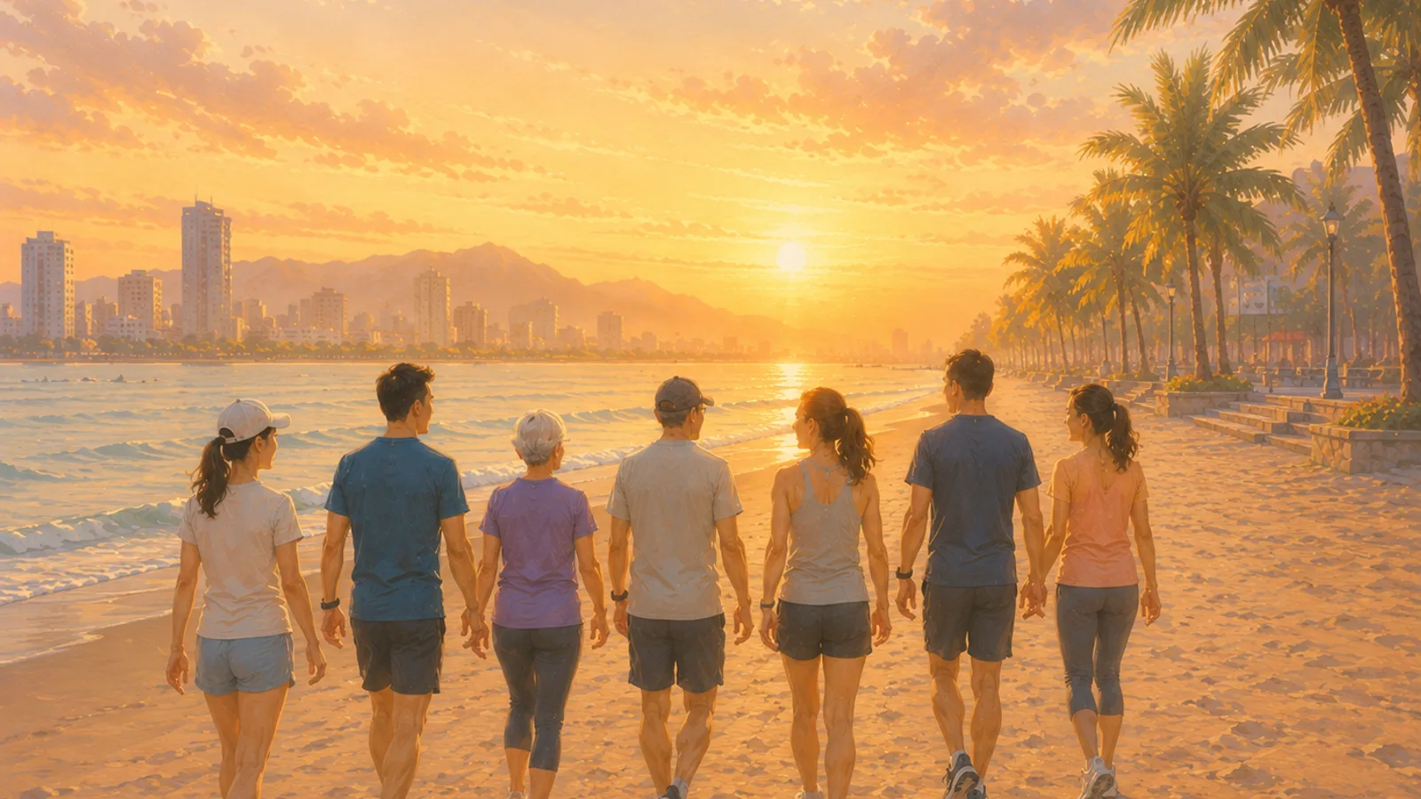 Members walking together at sunrise