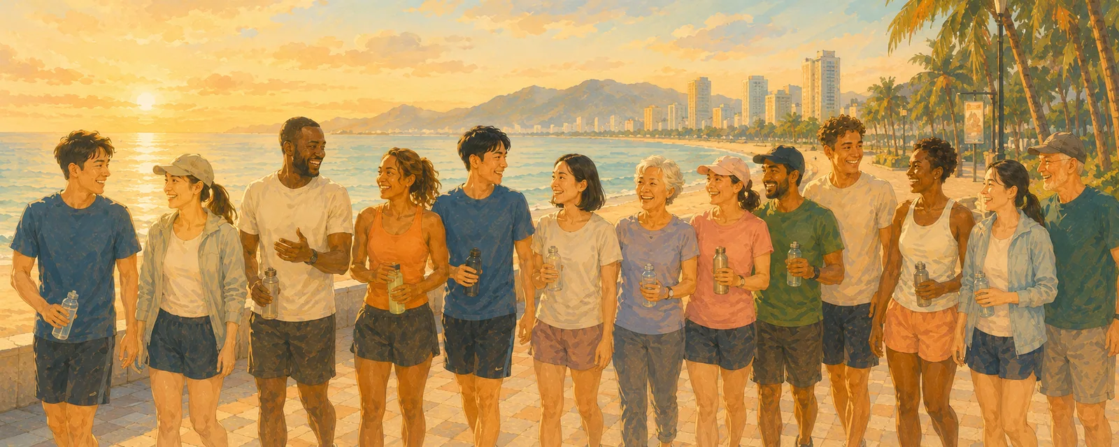 Wake Up Club members sitting together on My Khe beach with a 'Better Together' surfboard and Wake Up Community banner