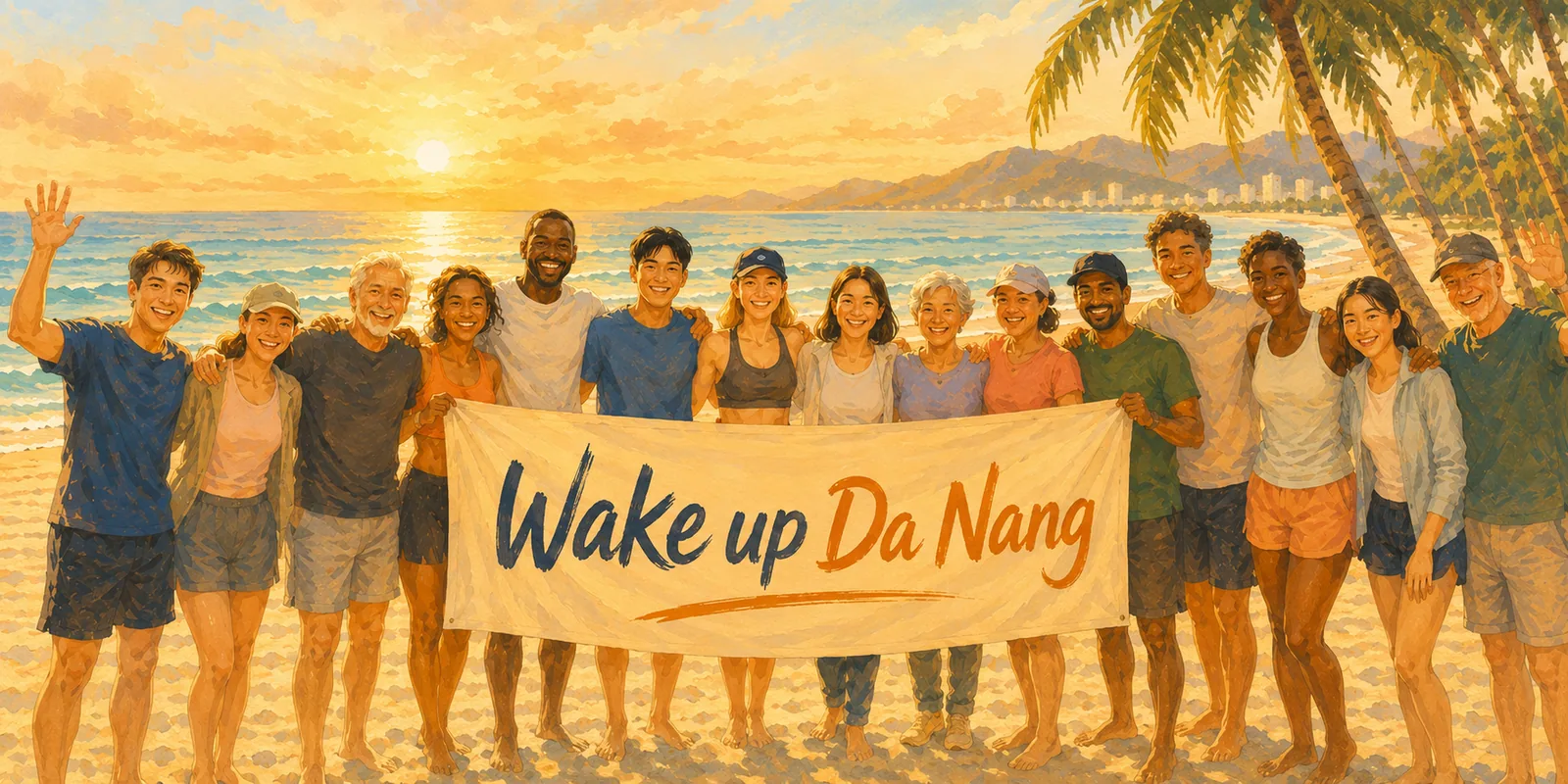 Event group photo — sunrise, banner, smiles