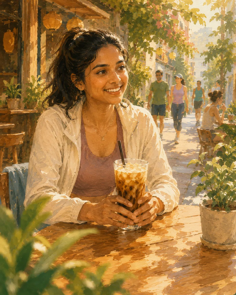 A walker smiling with an iced coffee after the morning walk