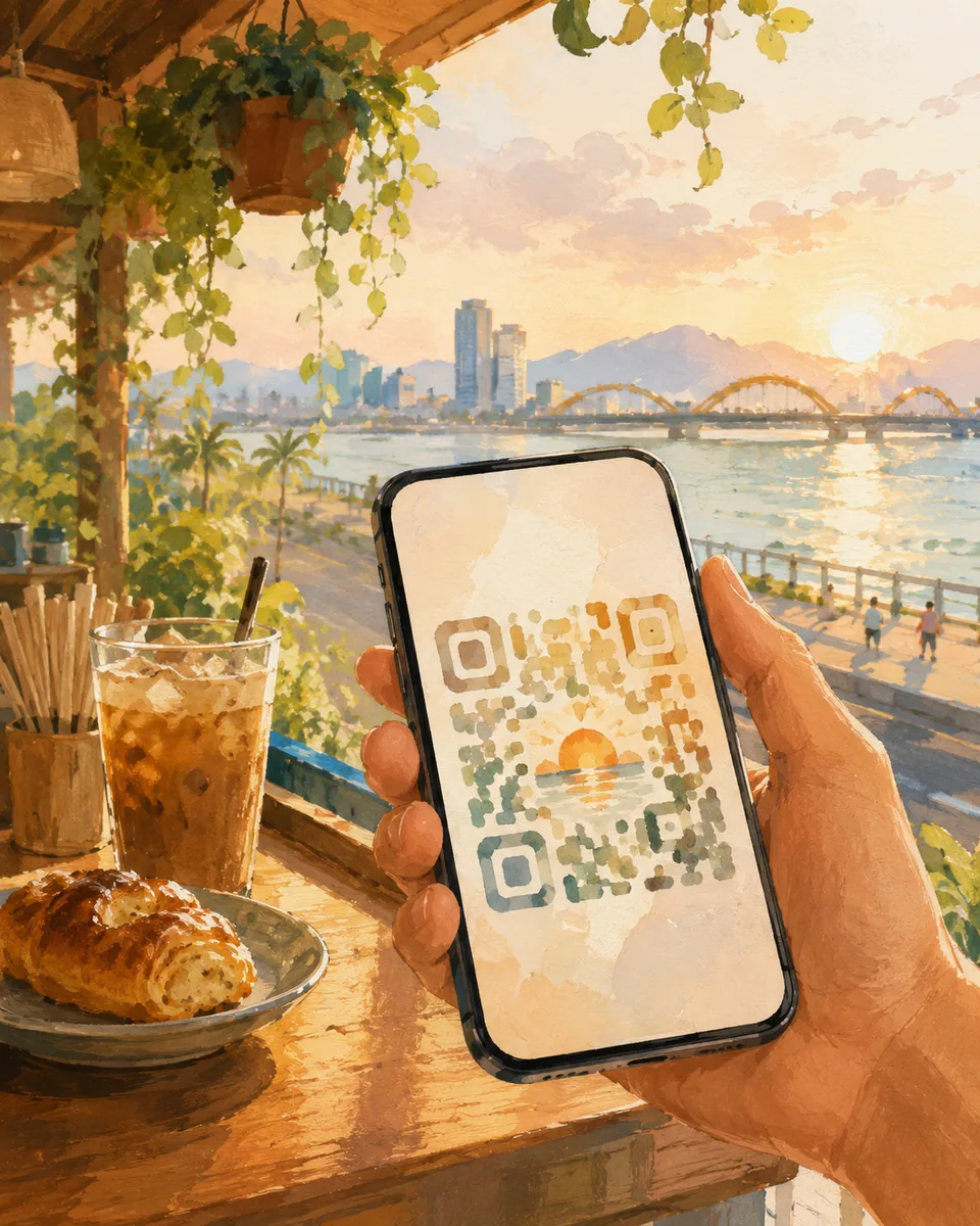 A hand holding a phone showing the member QR at a sunrise riverside cafe