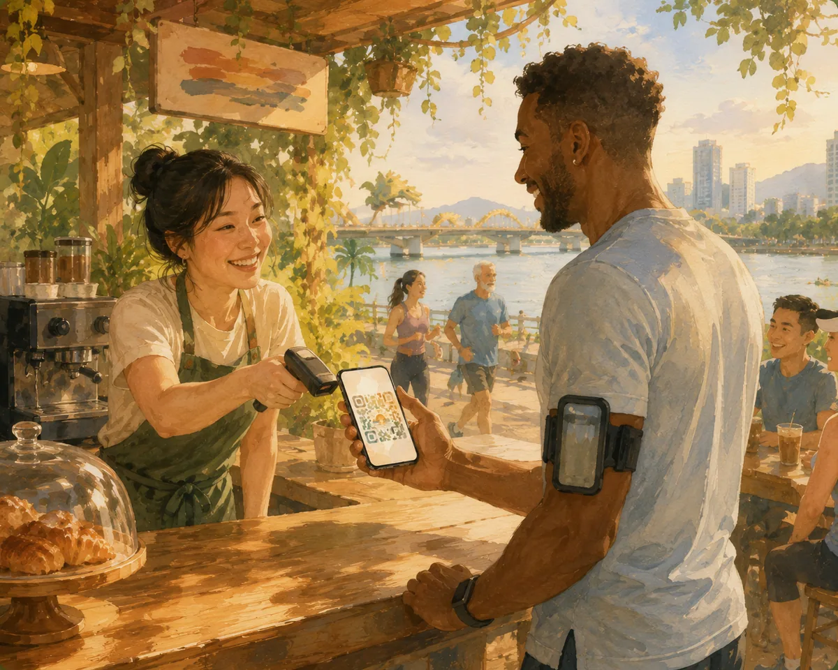 A barista scanning a walker’s phone at the cafe counter